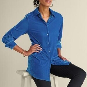 Soft Surroundings Blue Velour Velvet Button Down Shirt Size Small Blouse Top